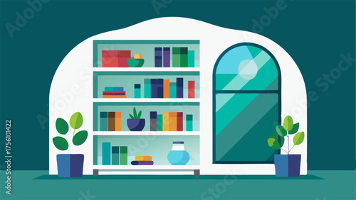A den with a sleek white builtin bookshelf filled with colorful sea glass accents.