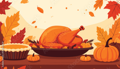 Thanksgiving dinner with turkey and pumpkin pie