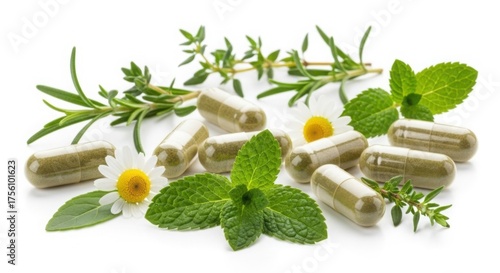 Herbal capsules and plants, realistic photo style, isolated on white background