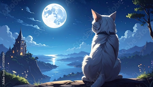 Fototapeta Naklejka Na Ścianę i Meble -  A serene nighttime scene with a white cat gazing at a full moon over a tranquil lake and mountains, castle on the horizon
