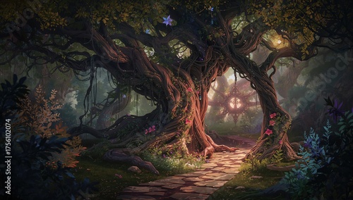 An intricately crafted arboreal portal leading to an imaginary realm, depicted in a conceptual hyperrealistic digital artwork