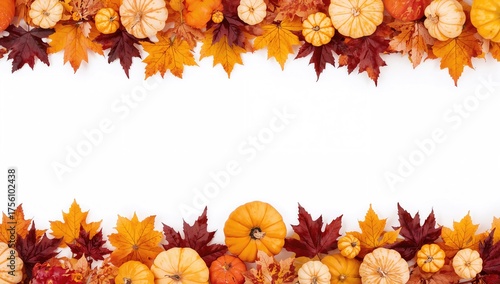 Autumn foliage frame featuring pumpkins on a plain white backdrop