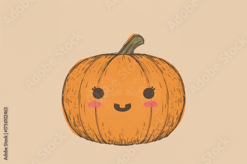 Cute hand-drawn Halloween design featuring a large orange pumpkin on a soft beige backdrop, perfect for cards and decorations in a playful crayon style.