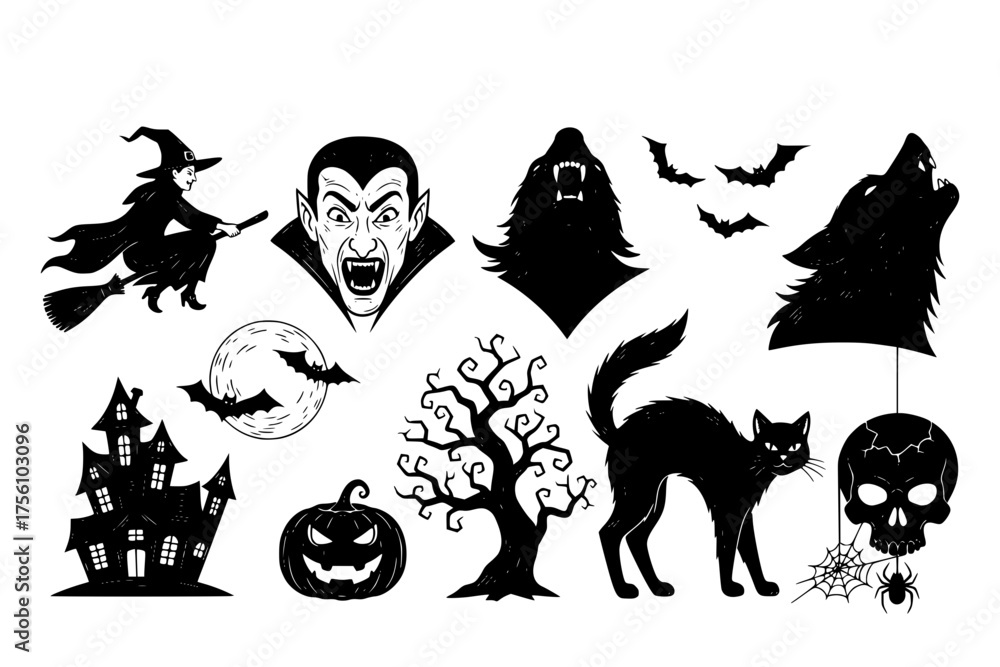 Obraz premium Classic Halloween Character Black Silhouette Set: Witch, Vampire, Werewolf, Black Cat, Skull. Detailed Linocut Look Vector Motifs. 