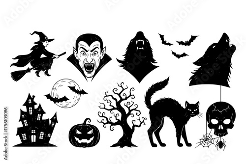 Classic Halloween Character Black Silhouette Set: Witch, Vampire, Werewolf, Black Cat, Skull. Detailed Linocut Look Vector Motifs.	