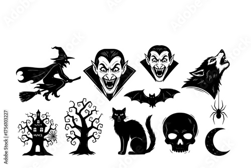 Classic Halloween Character Black Silhouette Set: Witch, Vampire, Werewolf, Black Cat, Skull. Detailed Linocut Look Vector Motifs.	