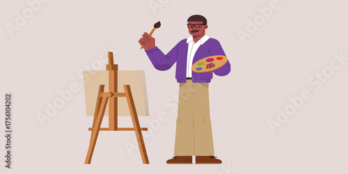 Artist painting on easel with palette and brush