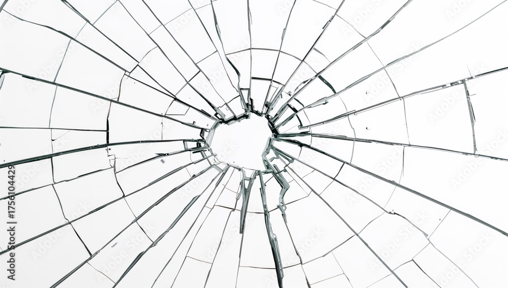 Obraz premium Close-up of shattered glass. Concept of damage. White backdrop with fractures. Theme of fragmentation. Texture of cracked mirror pattern.