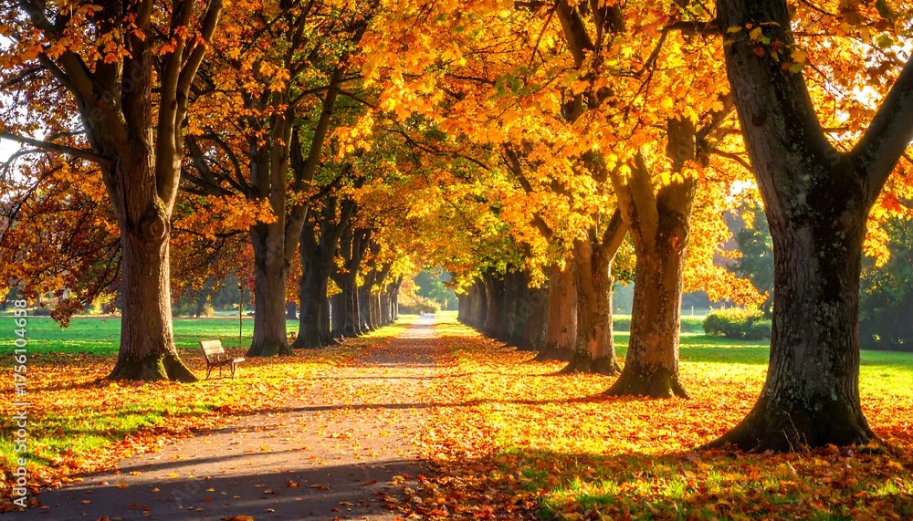 Naklejka premium A serene park path lined with towering trees ablaze in vibrant autumn hues. The walkway leads into the bright, sunlit distance