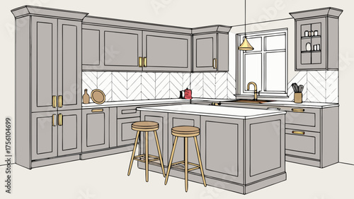 Contemporary kitchen interior illustration with island, stools
