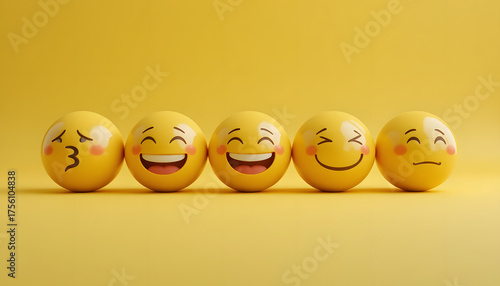 Row of yellow eggs with emoji expressions on bright background. Generative AI
