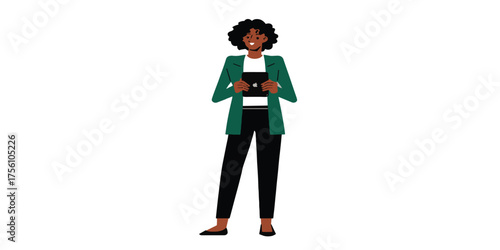 Woman in Green Blazer Holding a Tablet