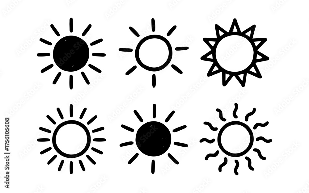Fototapeta premium Collection of hand-drawn sun icons in black and white