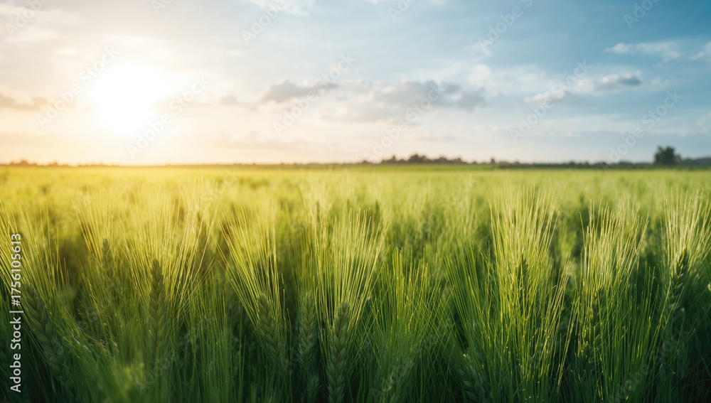 Obraz premium Green barley ears growing in a lush agricultural field during spring