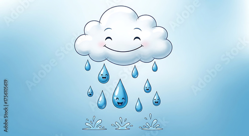 A cheerful cartoon cloud with a friendly face is raining happy, smiling raindrops against a soft blue gradient background, creating a whimsical and lighthearted scene