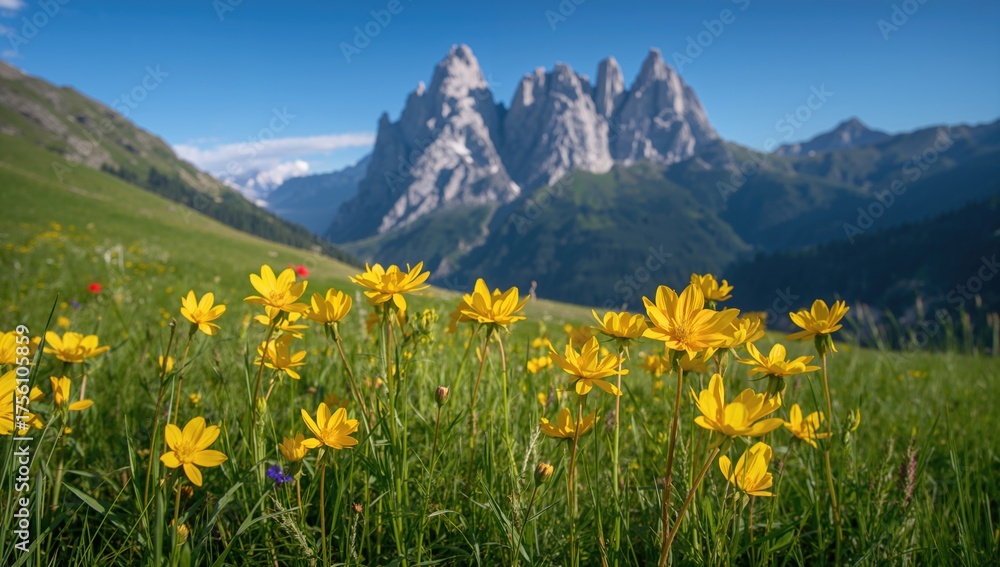 Fototapeta premium Mountainous meadow blossoming with spring flowers in vibrant yellow hues