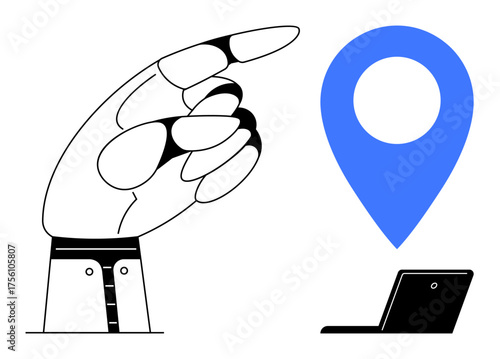 Minimalistic hand pointing to large blue location pin near a laptop. Ideal for navigation, technology, communication, online search, work efficiency, digital tools, simple flat metaphor
