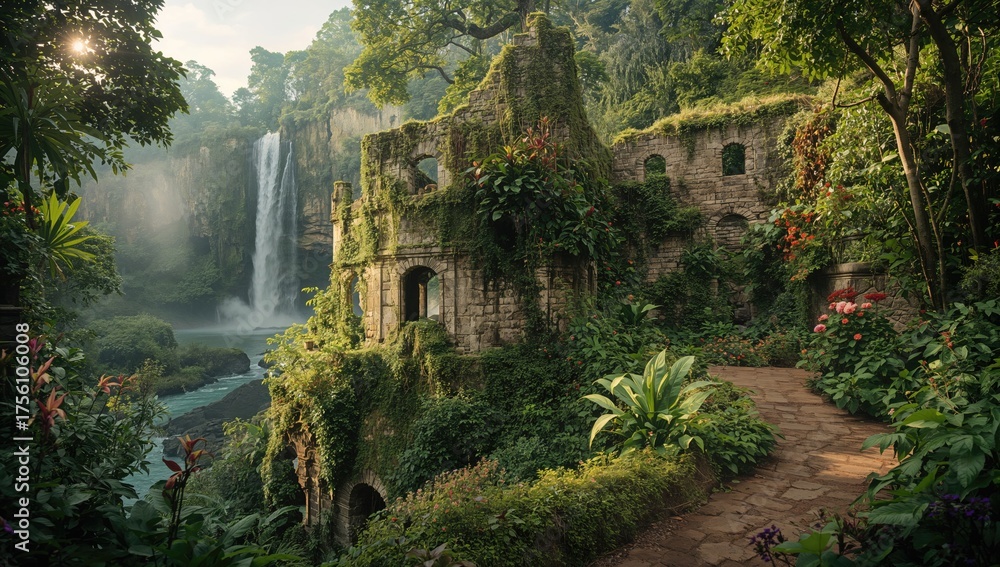 Obraz premium Ancient fortress remains nestled within lush jungle greenery, adjacent to a breathtaking cascade.
