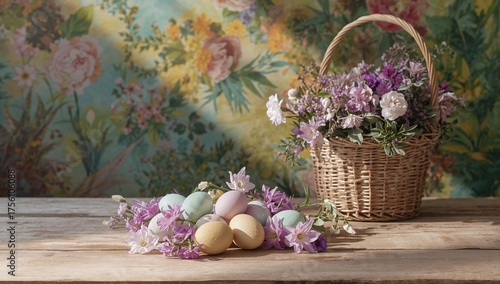 Colorful Easter eggs and lisianthus flowers arranged on a rustic wooden surface