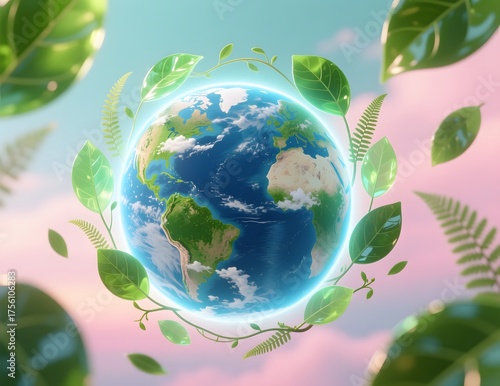 Vibrant Earth Surrounded by Lush Greenery and Soft Clouds