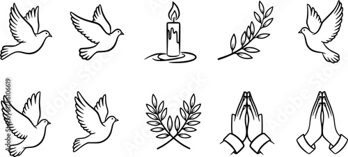 Peaceful Memorial Black Silhouette Set: Doves, Remembrance Candle, Olive Branches, Hands in Tribute. Smooth Continuous Line Vector Icons.	