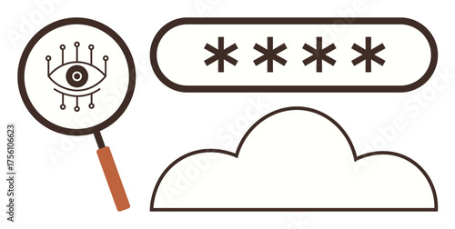 Magnifying glass with a data eye, password input field, and cloud icon. Ideal for cybersecurity, data protection, cloud storage, privacy, authentication digital safety online security. Simple flat