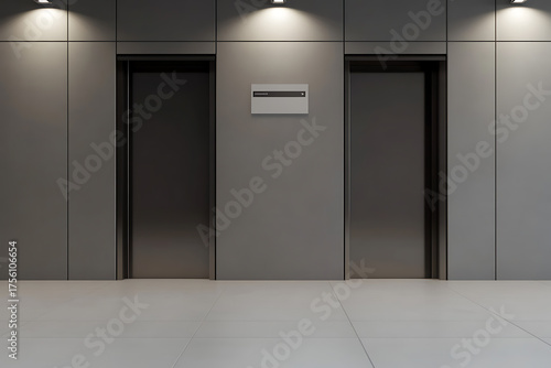 Two closed elevator doors stand side-by-side on a gray wall with a square tile floor, illuminated by overhead lighting.