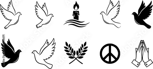 Peaceful Memorial Black Silhouette Set: Doves, Remembrance Candle, Olive Branches, Hands in Tribute. Smooth Continuous Line Vector Icons.	