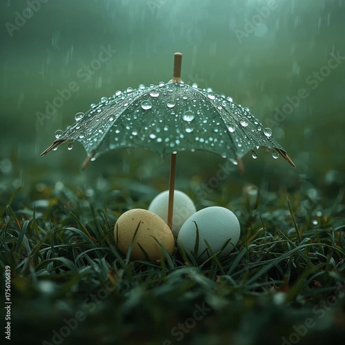 Whimsical Protection Eggs Under Tiny Umbrella in the Rain, Representing Safety and New Life