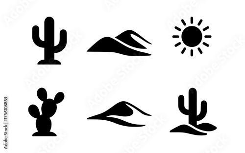 Minimalist desert icons: sun, cacti, and dunes in black silhouette style