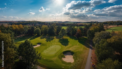 Fototapeta Naklejka Na Ścianę i Meble -  Aerial perspective of a golf putting green taken from a drone