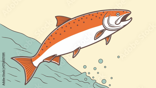 Leaping salmon fish in water with bubbles retro vector design