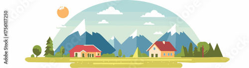 Mountain valley with farmhouse and sunrise behind peaks