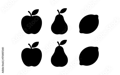 Silhouette fruit icons: apple, pear, lemon set for modern design