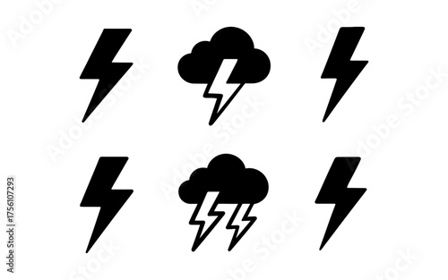 Silhouette thunderstorm and lightning icons in simple black design