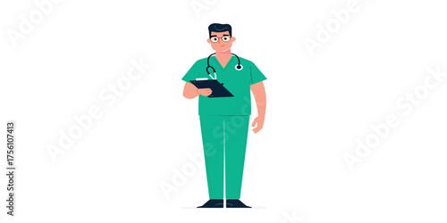 Doctor in Green Scrubs Holding a Clipboard Illustration