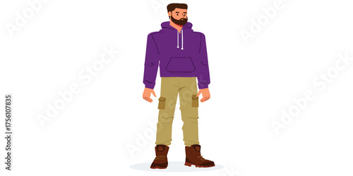 Stylish vector illustration of a bearded man in a purple hoodie and cargo pants standing casually