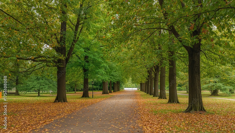 Naklejka premium A peaceful trail through a tree-lined park with colorful autumn leaves scattered on the path.