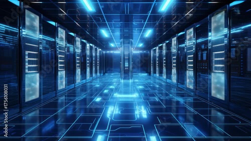 Wallpaper Mural Futuristic data center with glowing blue lights and servers. Low-angle shot enhances the sci-fi feel, ideal for tech video backgrounds. Live desktop wallpaper. Torontodigital.ca