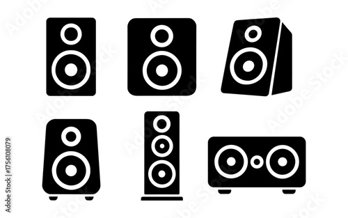 Black and white silhouette set of modern speaker icons for audio equipment design