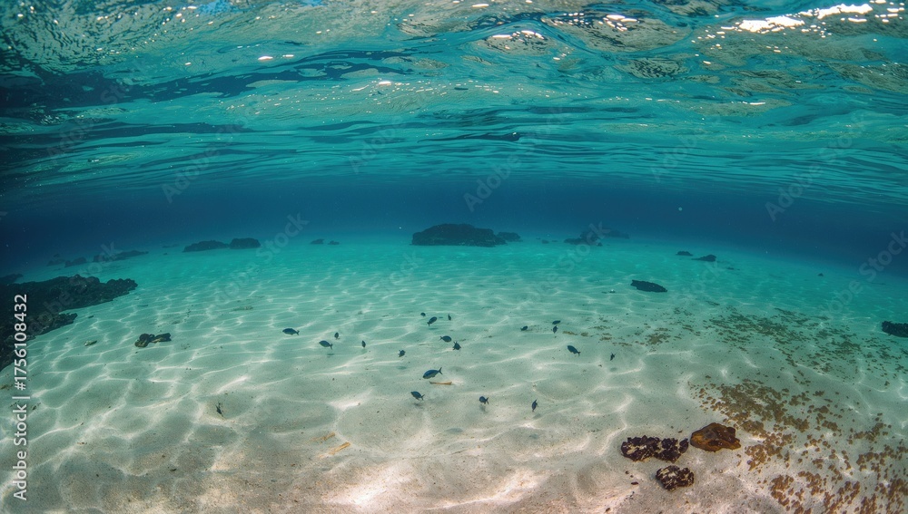 Obraz premium Stunning wide-angle capture of pristine sandy seabed beneath the water