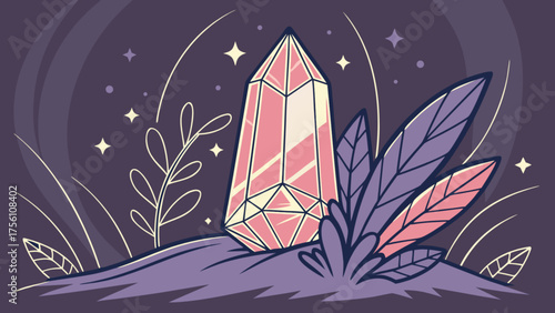 Mystical pink crystal and cosmic foliage on a dark magical night