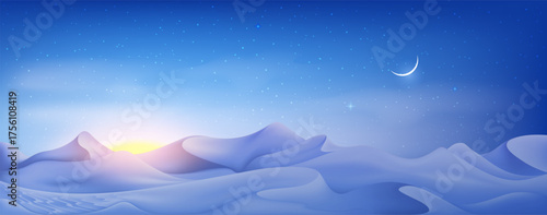 Muslim holiday banner concept. Realistic night desert landscape with starry sky, crescent and clouds. Vector Greeting card for muslim festival Eid Al-Adha