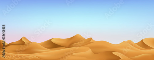 Muslim holiday banner concept. Realistic day time desert landscape with blue sky and clouds. Vector Greeting card for muslim festival Eid Al-Adha