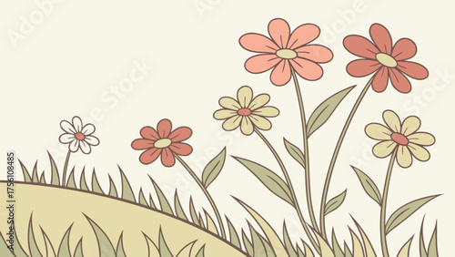 Retro inspired spring flower and grass field vector illustration
