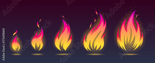 Vector illustration set of growing fire flames icons on dark background. Flame in different shapes, vector.