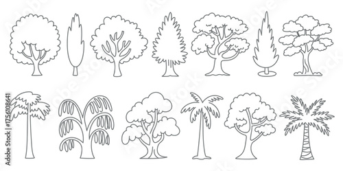 Collection of hand-drawn outline illustrations of various types of trees, featuring diverse foliage and trunk shapes for design projects