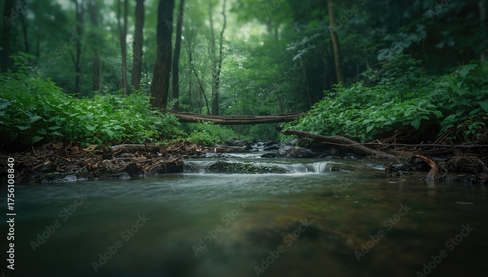 Obraz premium Soft-focus backdrop of a peaceful woodland creek meandering softly amid vibrant foliage, fostering a calm setting ideal for unwinding and enjoying nature.