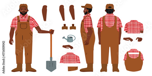 Vector illustration of an African-American farmer with tools and elements
