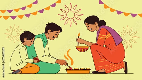Indian family lighting diyas and preparing for Diwali celebration with traditional decorations and joy